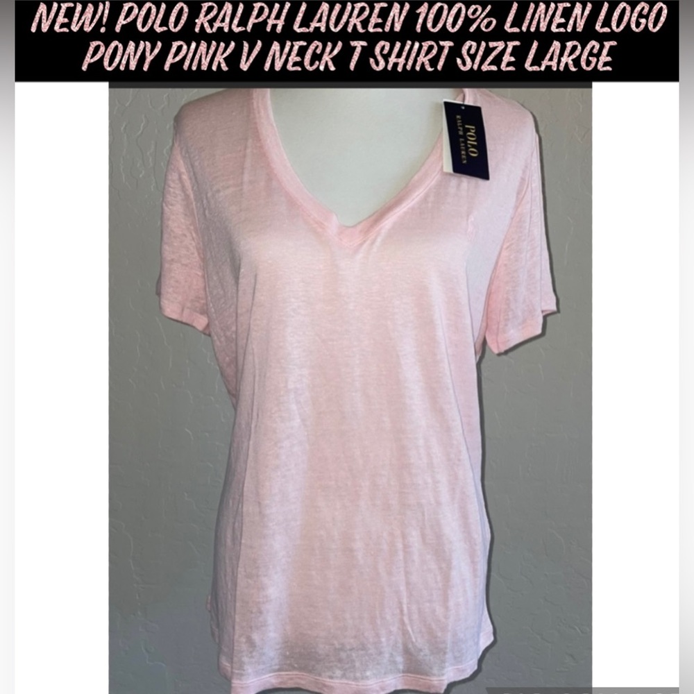 🎉HP🎉New! Polo Ralph Lauren 100% Linen Logo Pony Pink V Neck T Shirt Large🎀